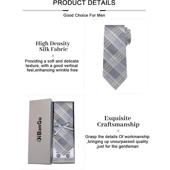🆕Men Grey Plaid Silk Checkered Necktie Pocket Square Cufflinks Tie Clip Set